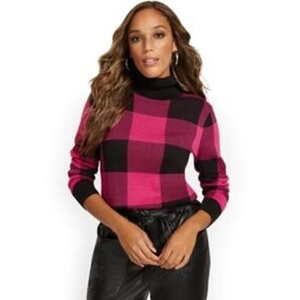 New York & Company Turtleneck Sweater Cotton Rayon Slim Fit Pink Black Plaid M